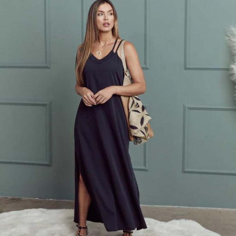 Sold! SheBird The Savannah Strappy Maxi Dress Built In Bra Black Slit Womens